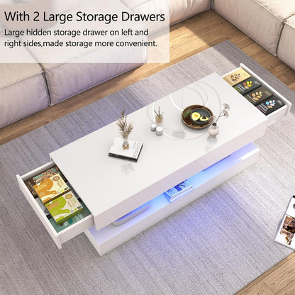 Uspeedy 47.3IN High Glossy LED Coffee Table,APP LED Lights,Black/White, Modern Furniture for Living