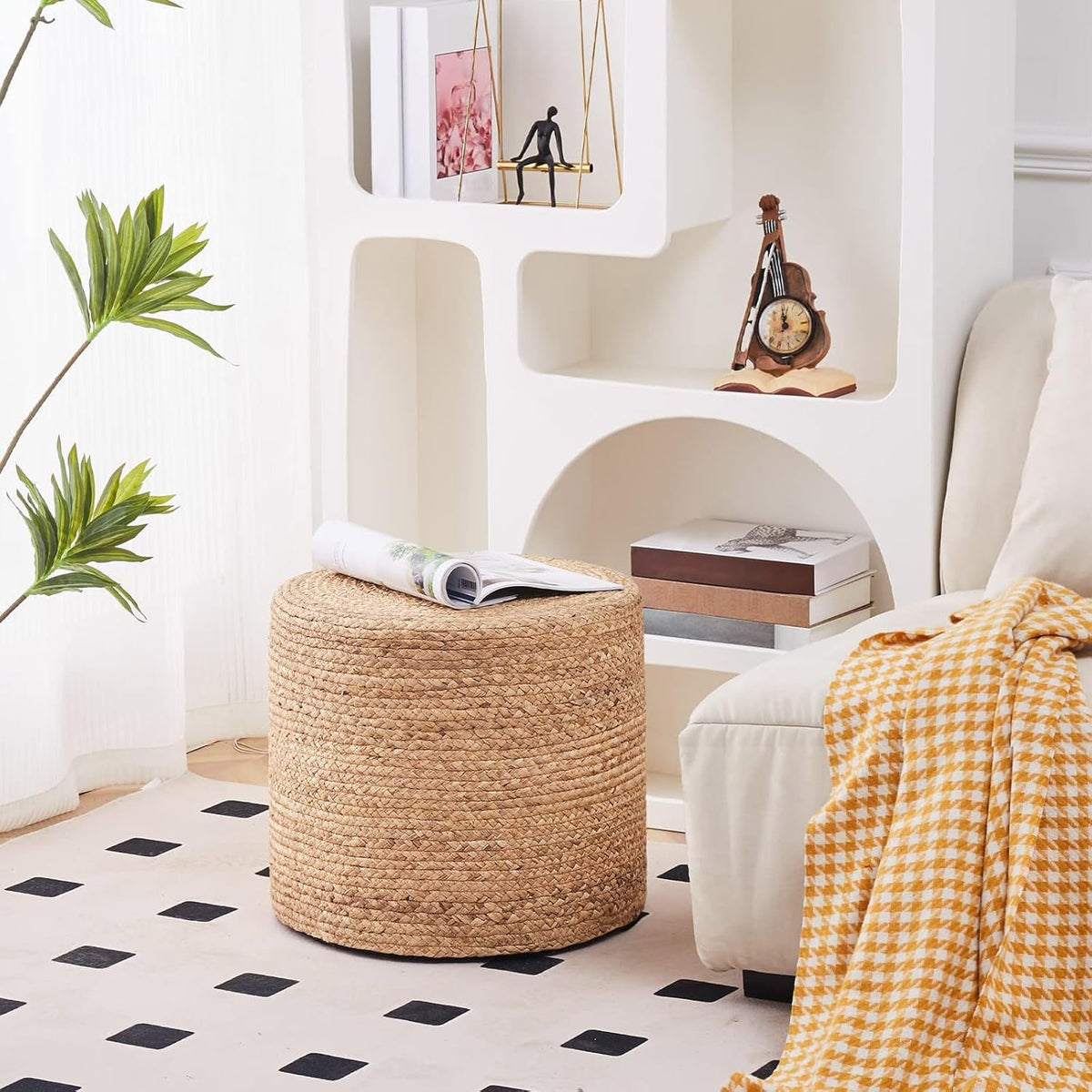 Wimarsbon 18'' Ottoman Pouf, Natural Braided Poof, Rustic Handweave Lounge Pouffe, Boho Footrest
