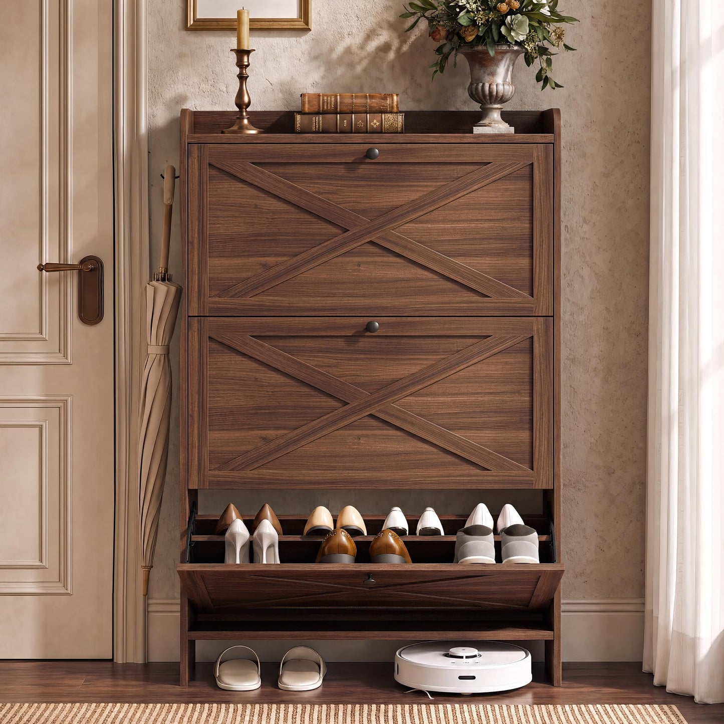 VASAGLE Shoe Storage Cabinet Organizer with 3 Flip Drawers, Freestanding Narrow Shoe Rack Cabinet