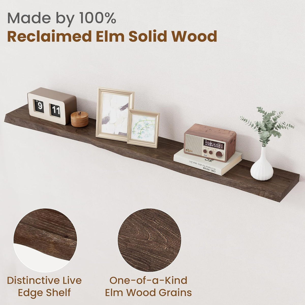 Floating Shelves for Wall Decor, Rustic Solid Elm Wood Live Edge Floating Shelves Wall Mounted