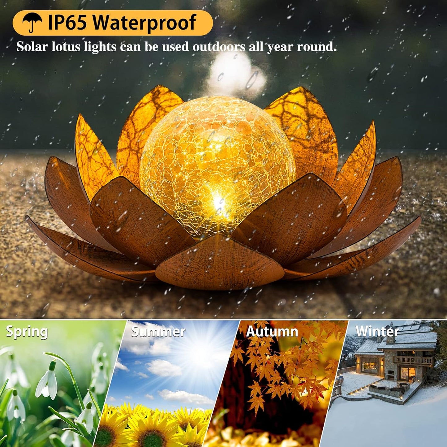 Solar Light Outdoor(2Pack), Art Crackle Globe Glass Lotus Decoration, Solar LED Waterproof Metal