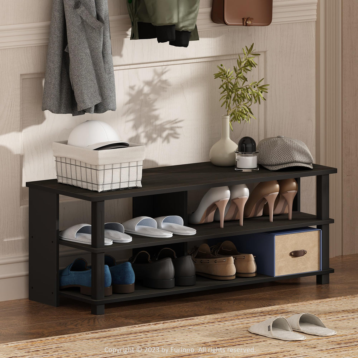 Furinno Turn-N-Tube Shoe Rack, 3-Tier Shoe Organizer, Compact Shoe Storage with Open Shelves, 15.5