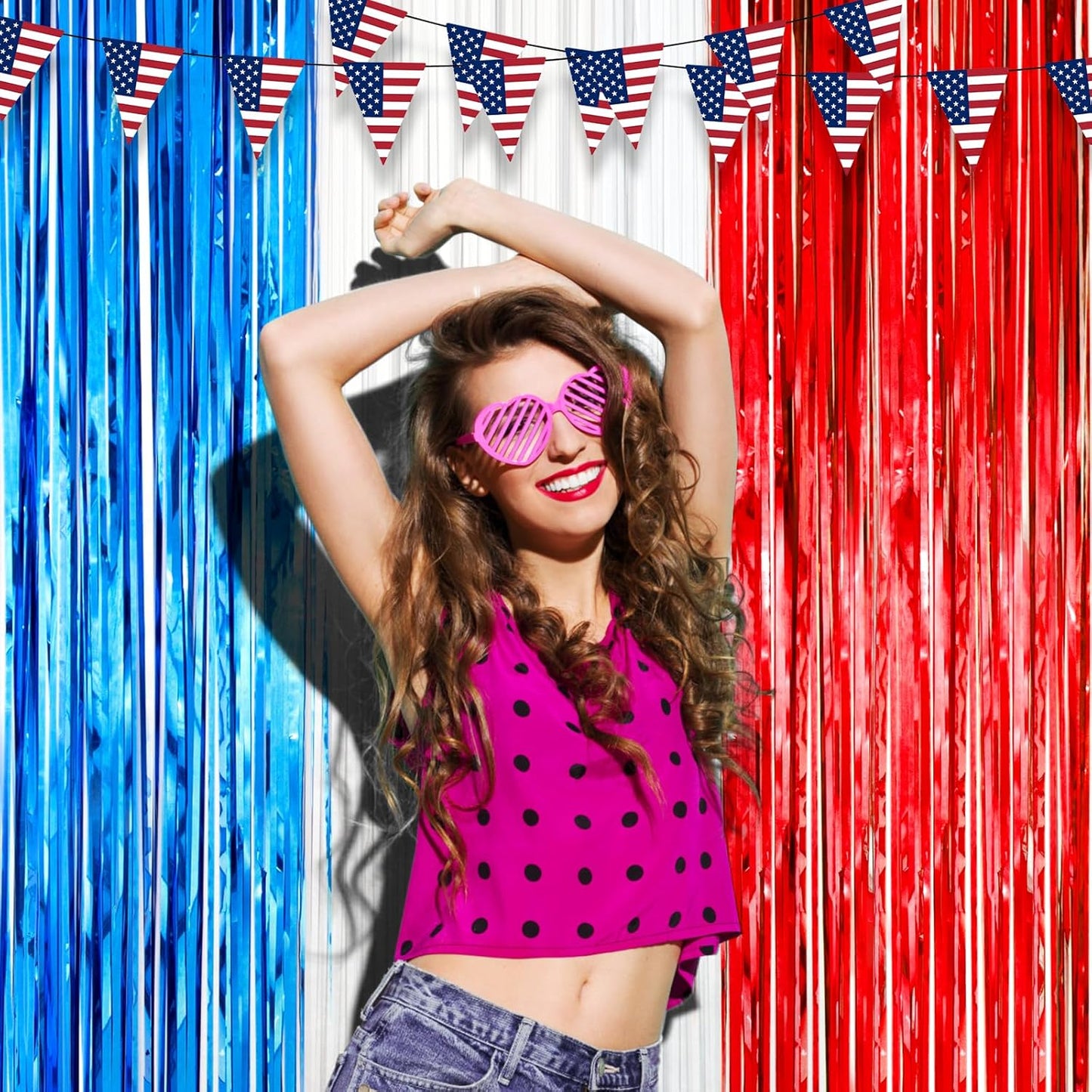 3 Pack 3.3 x 8.2 ft Red White and Blue Foil Fringe Backdrop Curtains, Tinsel Streamers Party