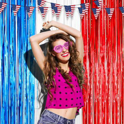 3 Pack 3.3 x 8.2 ft Red White and Blue Foil Fringe Backdrop Curtains, Tinsel Streamers Party