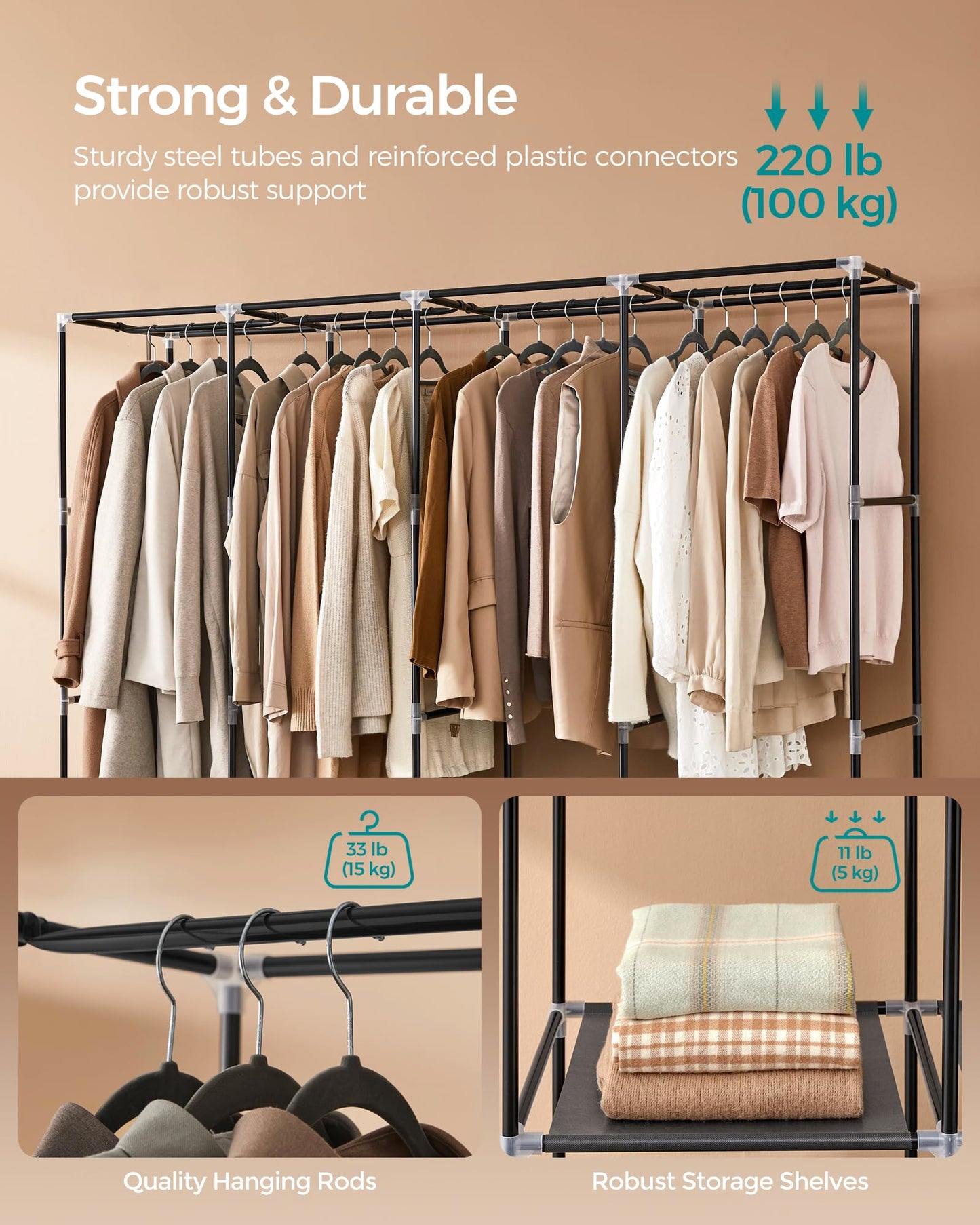 SONGMICS Portable Closet, Wardrobe Closet Organizer with Cover, 4 Hanging Rods and Shelves, 4 Side