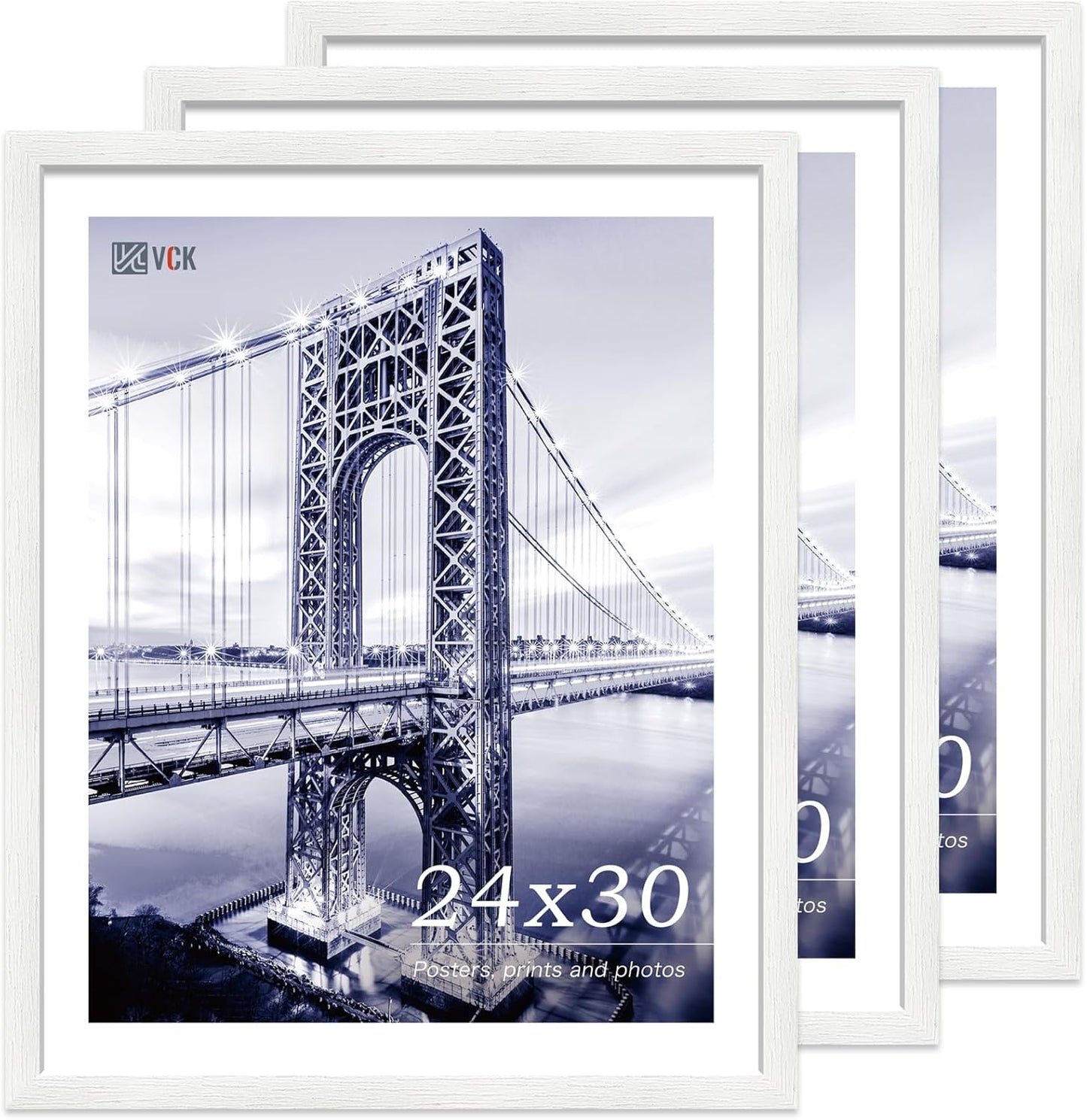 VCK 24x30 Poster Frames Set of 3, White Solid Wood Picture Frame, Textured Exclusive Gallery Frame