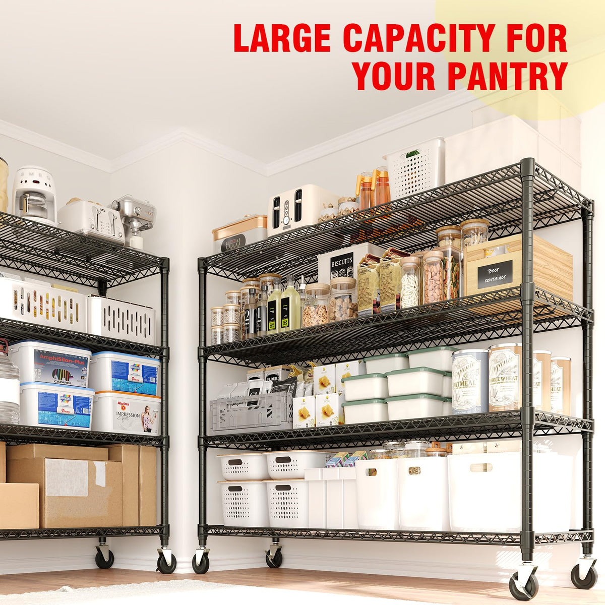 59"W Storage Shelves 2640LBS Heavy Duty Garage Shelving Units with Wheels, 4-Tiers Wire Shelving