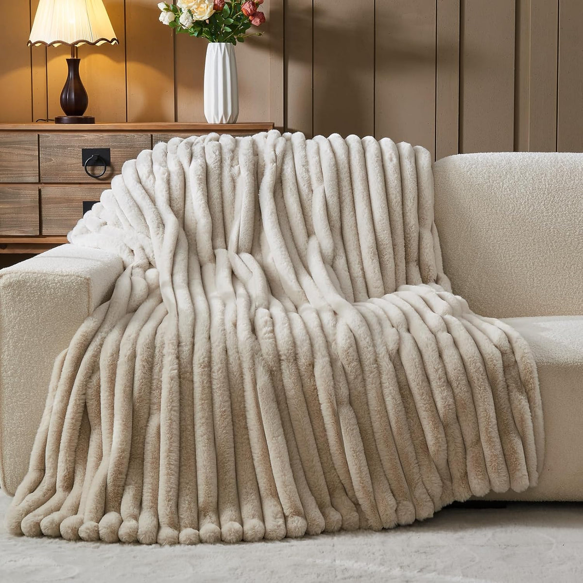 NEWCOSPLAY Faux Fur Throw Blanket Linen 3D Ribbed Plush Thick Warm Blanket for Couch Sofa Bed