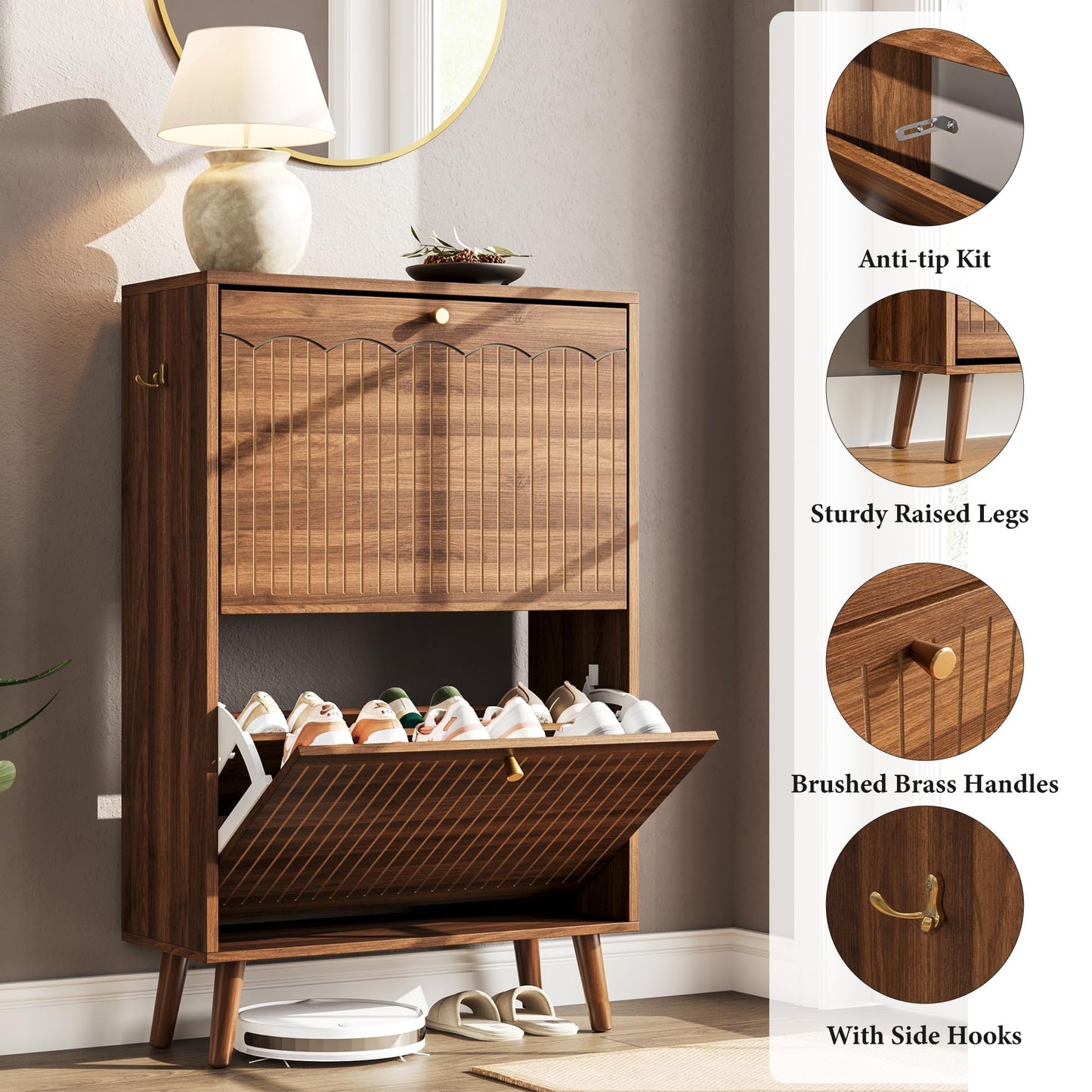 Nicetree Shoe Storage Cabinet for Entryway, 9.5inch Slim Shoe Rack with 2 Flip Drawers, Mid-Century