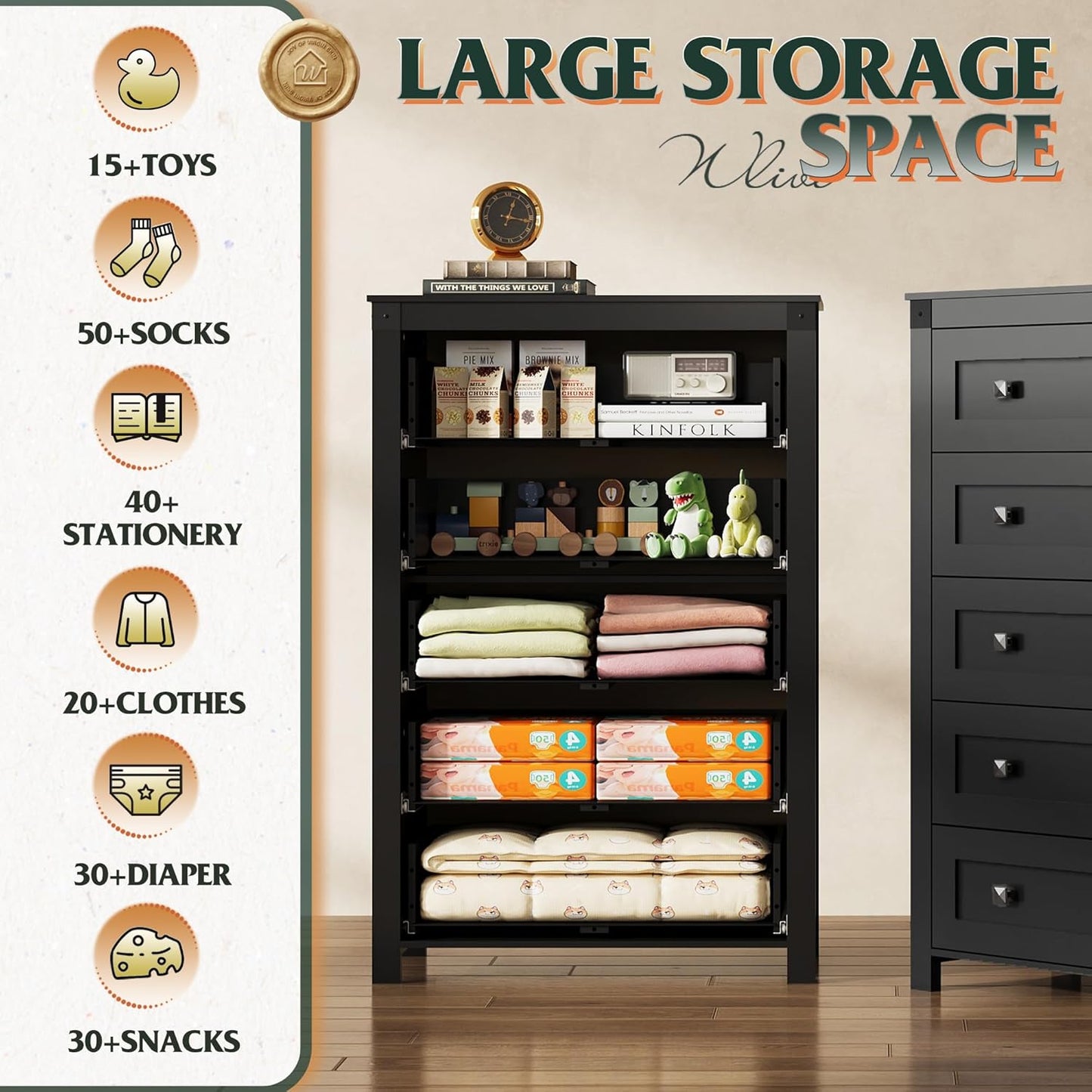 WLIVE Farmhouse 5 Drawer Dresser for Bedroom, Wood Dresser Storage Organizer, Tall Black Dressers