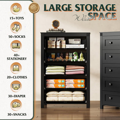 WLIVE Farmhouse 5 Drawer Dresser for Bedroom, Wood Dresser Storage Organizer, Tall Black Dressers