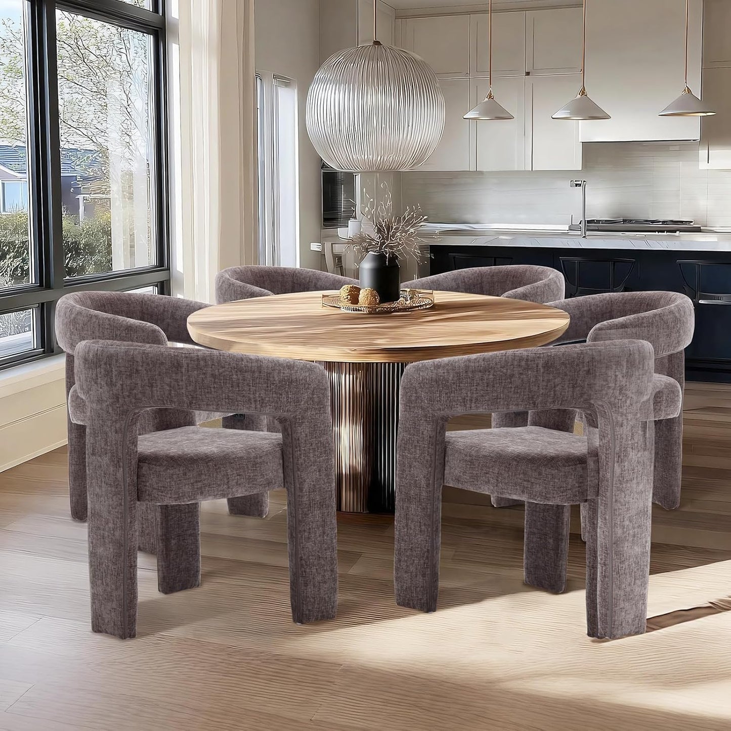 Charcoal Grey Chenille Dining Chairs Set of 6, Modern Barrel Dining Room Chairs Upholstered Accent