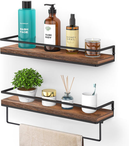 Meangood Floating Shelves Wall Mounted Set of 2, Wall Shelf with Towel Bar Rustic Wood Wall Storage