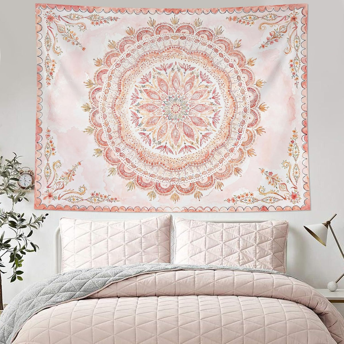 Fowocu Boho Floral Mandala Tapestry Wall Hanging Pink Bohemian Flower Medallion Tapestry Aesthetic