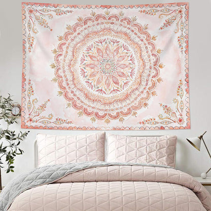 Fowocu Boho Floral Mandala Tapestry Wall Hanging Pink Bohemian Flower Medallion Tapestry Aesthetic