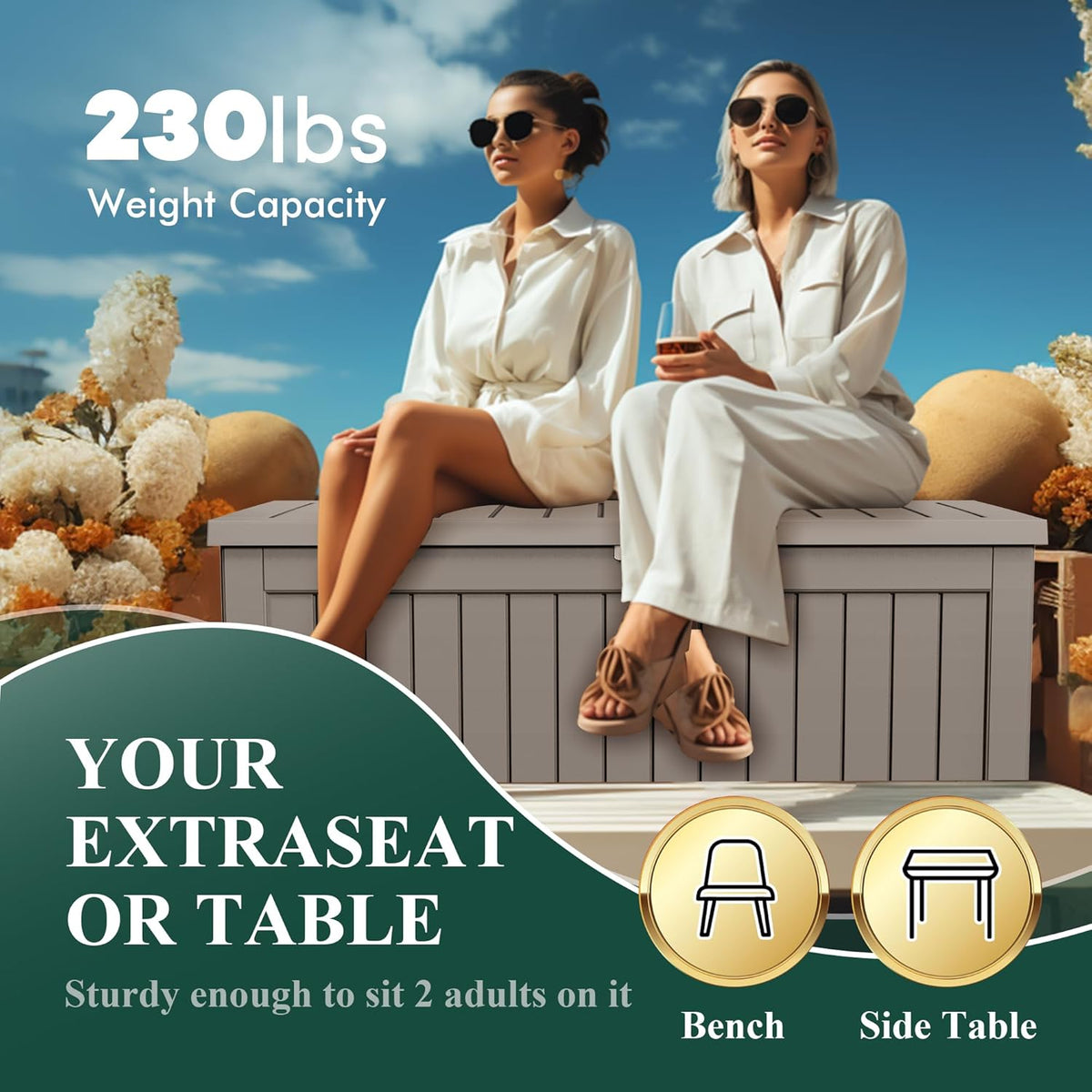 Vixzen 230 Gallon Resin Deck Box, Lockable Outdoor Storage Box for Patio Cushions Storage