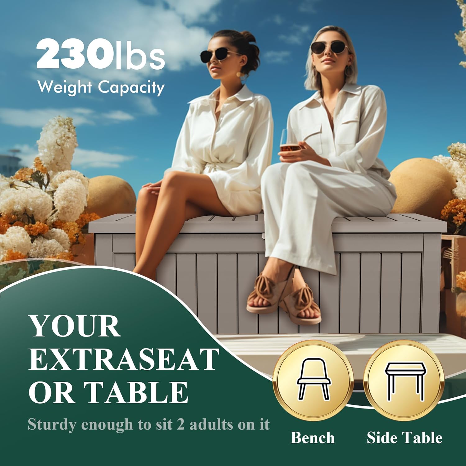Vixzen 230 Gallon Resin Deck Box, Lockable Outdoor Storage Box for Patio Cushions Storage