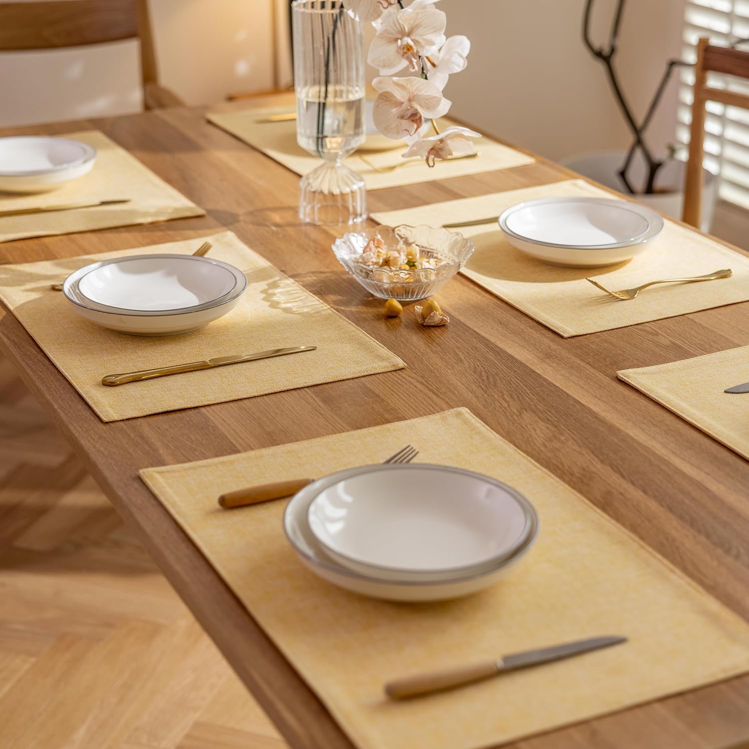 Demetex Yellow Placemats Set of 8 Linen Fabric Placemat Heat Resistant Washable Place Mats for