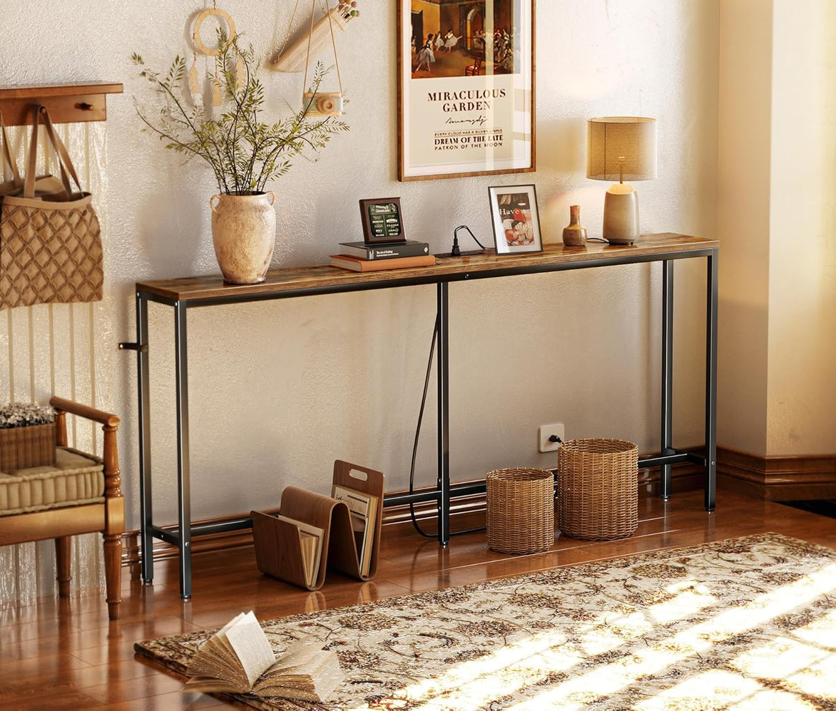 SUPERJARE 70 Inch Console Table with Outlet, Sofa Table with Charging Station, Narrow Entryway