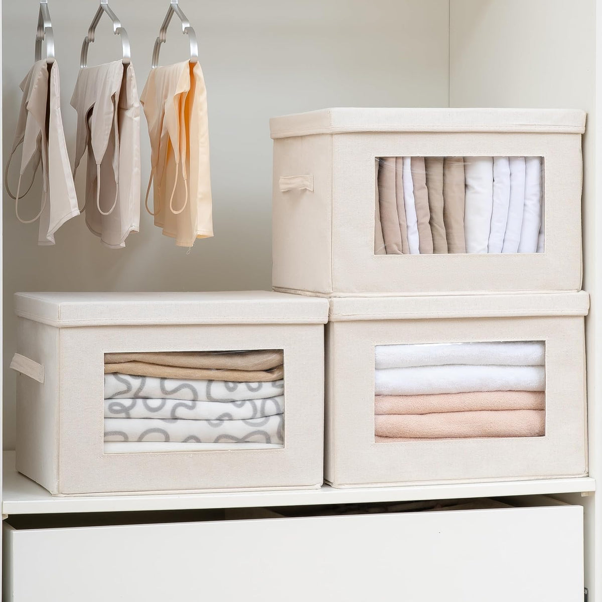 Citylife 3 Pack Storage Bins with Lids, Fabric Foldable Storage Bins with Soft Cord Handles, Canvas
