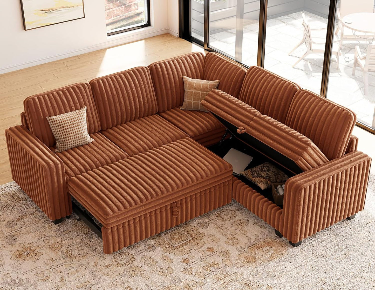 Belffin Plush Corduroy Modular Sectional Sofa with Pull Out Bed Convertible Small Sectional Corner