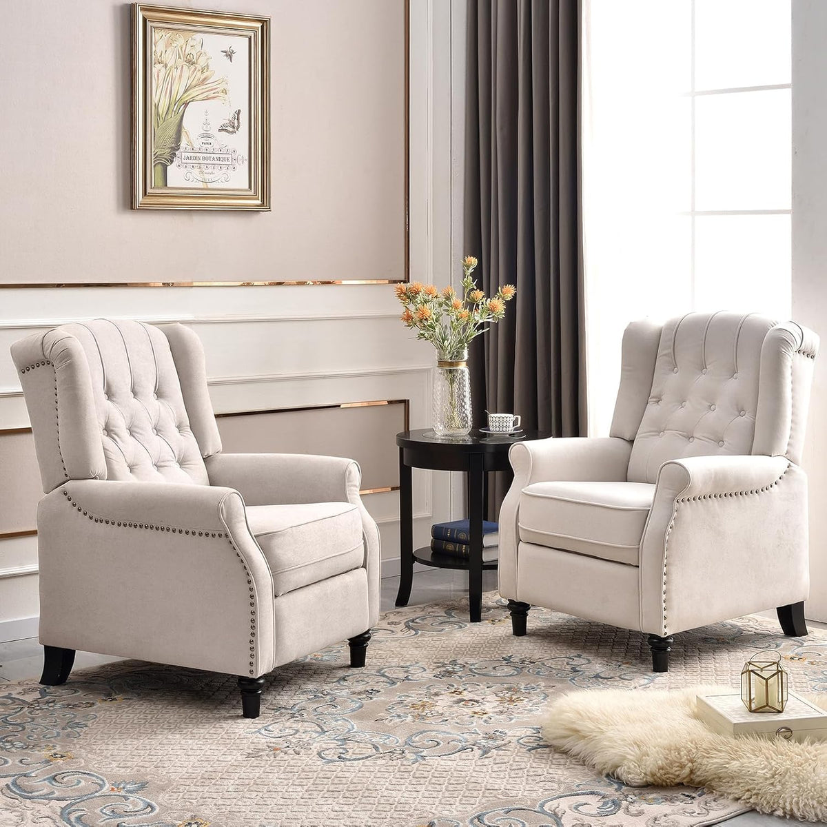 EBELLO 2 Pcs Pushback Recliner Chairs, Fabric Armchair Push Back Recliner with Rivet Decoration