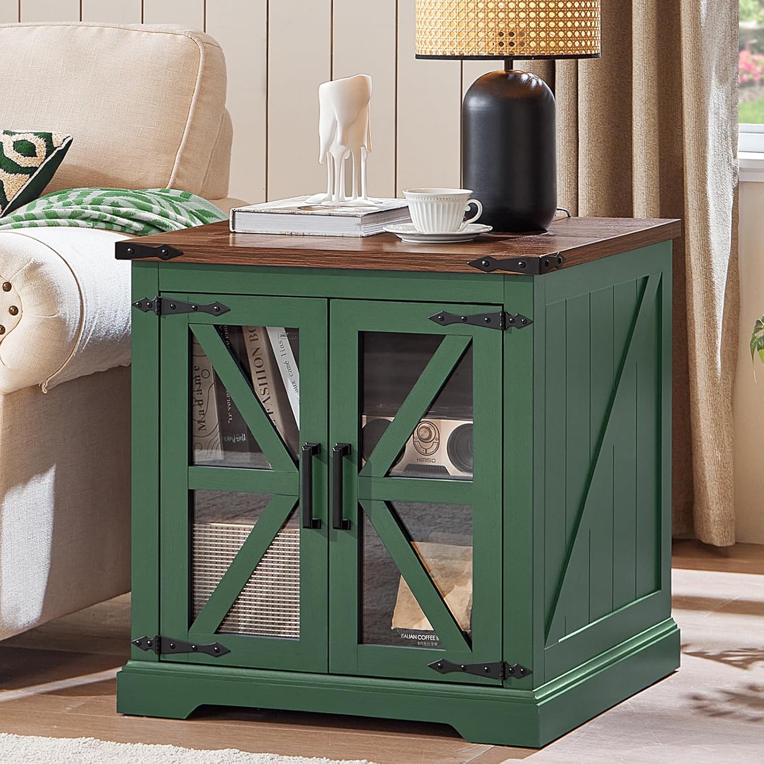 24" End Table with Charging Station, Farmhouse Night Stand with Glass Barn Door, Green Nightstands