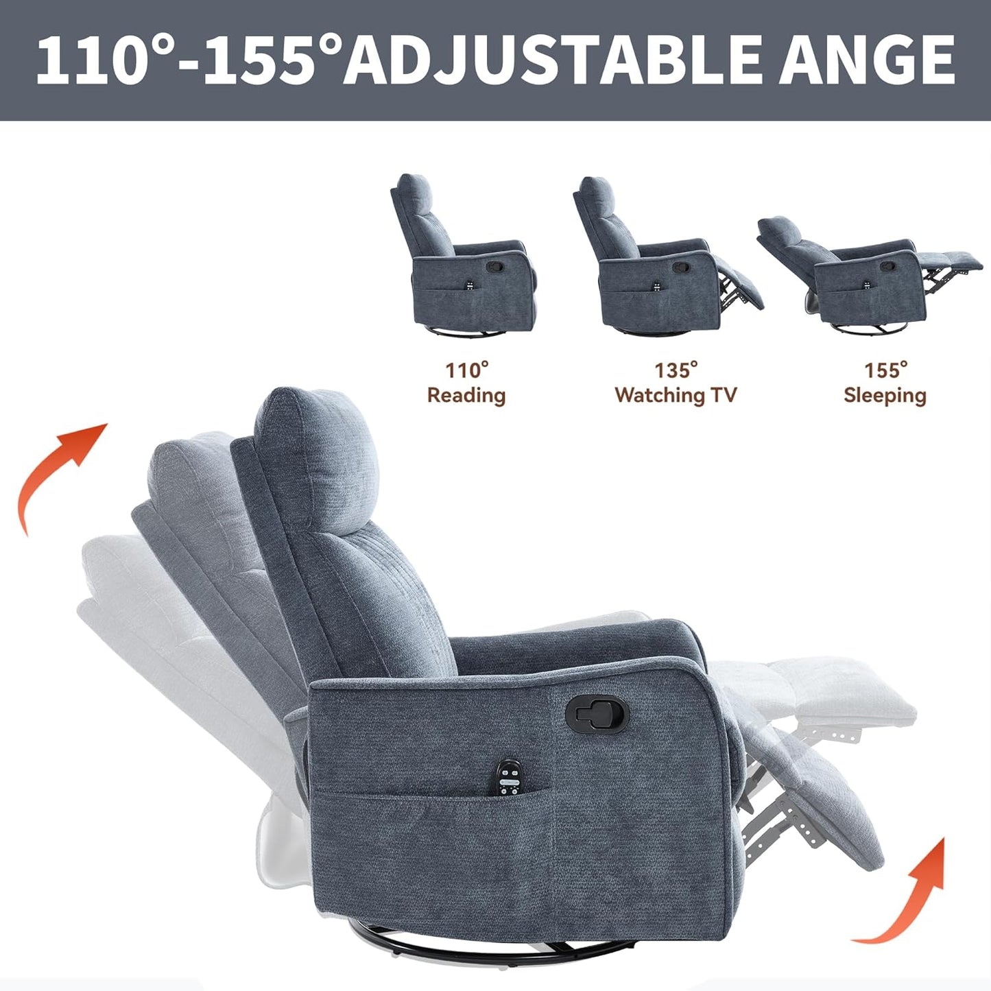 Manual Swivel Rocker Recliner Chair for Adults, Overstuffed Reclining Glider Chair for Nursing with