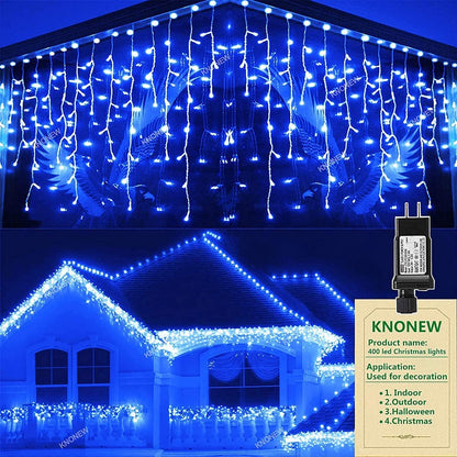 KNONEW Christmas Lights Outdoor Decorations 400 LED 33ft 8 Modes Curtain String Light with 75