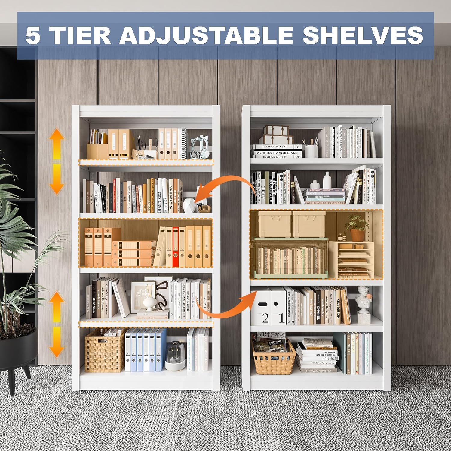 Metal Bookshelf Adjustable - 61" Tall White Bookcase, 5 Tier Book Shelf, Tooless Assembly Book