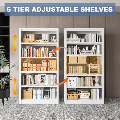 Metal Bookshelf Adjustable - 61" Tall White Bookcase, 5 Tier Book Shelf, Tooless Assembly Book