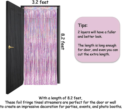 Pink Tinsel Curtain Party Backdrop - GREATRIL Foil Fringe Curtain Lilac Pink Party Streamers for