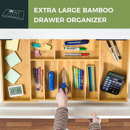 VaeFae Bamboo Kitchen Drawer Organizer, Wooden Utensil Tray with Multiple Compartments, Cutlery and