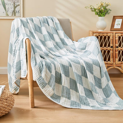 EMME Checkered Throw Blanket Cotton for Couch Soft Muslin Bamboo Blankets 50"x60" Lightweight