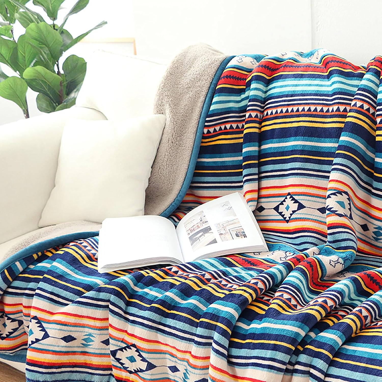 UKELER Boho Sherpa Throw Blanket Queen Size 80'' x 90'', Southwestern Aztec Throw Blanket for