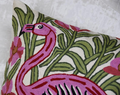 William Morris Flamingo Floral Pillow Cover - Hand Embroidered Modern Flower Pillowcase, Outdoor