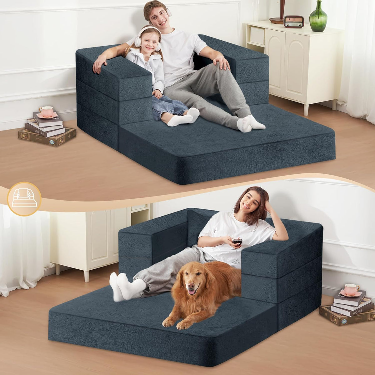 Folding Bean Bag Chair for Adults,3-in-1 Bean Bag Couch Faux Fur Floor Sofa Large Beanbag