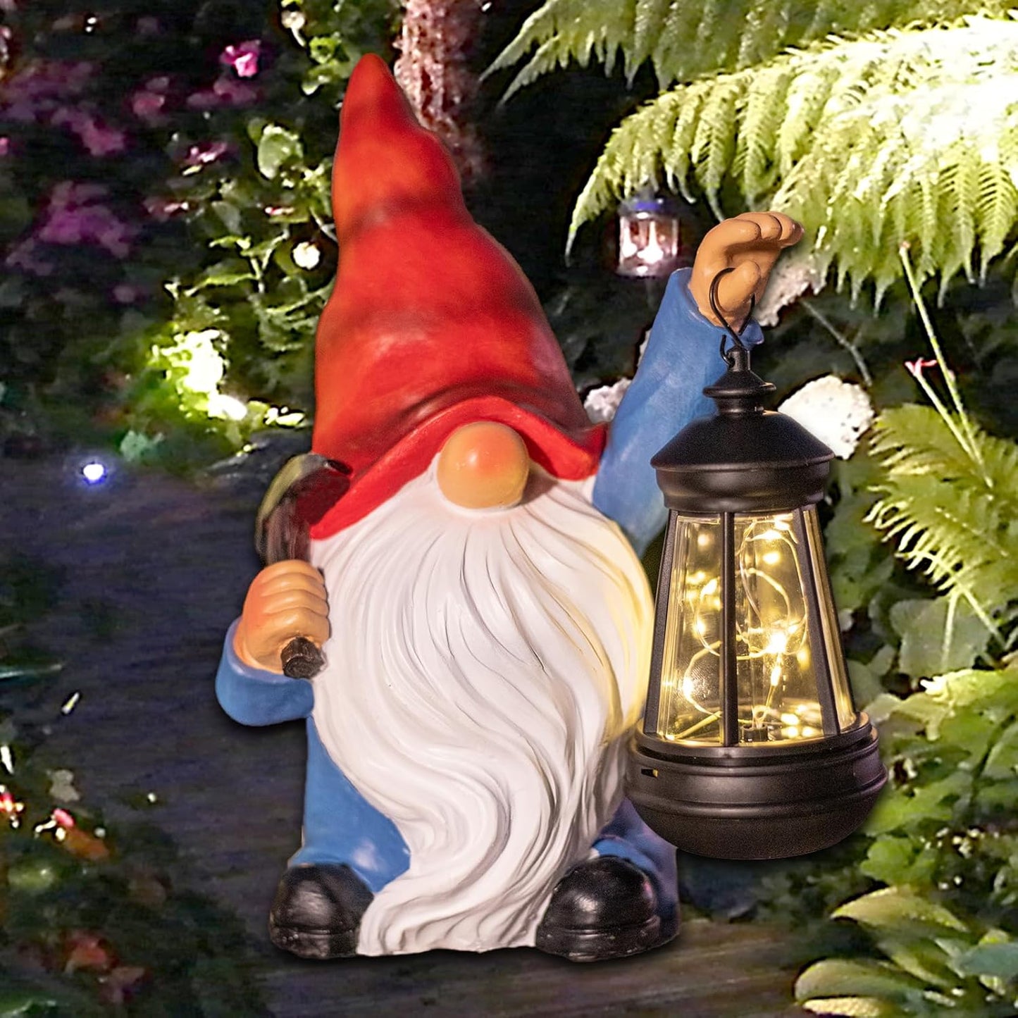 Garden Gnome Statue Solar Light Outdoor Decorations Figurine with Lantern Led Shovel Sculpture Lawn