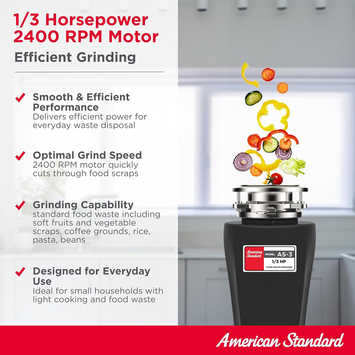 American Standard 10-US-AS-3 Garbage Disposal Anti-Jam Stainless Steel Food Waste Grinding System