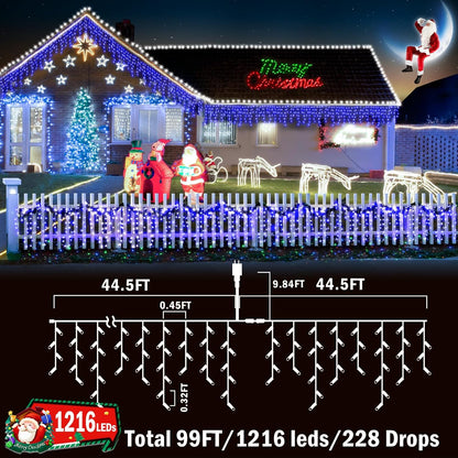 Christmas Lights Outdoor Decorations 1216 LED 99ft 8 Modes Curtain Fairy String Light with 228