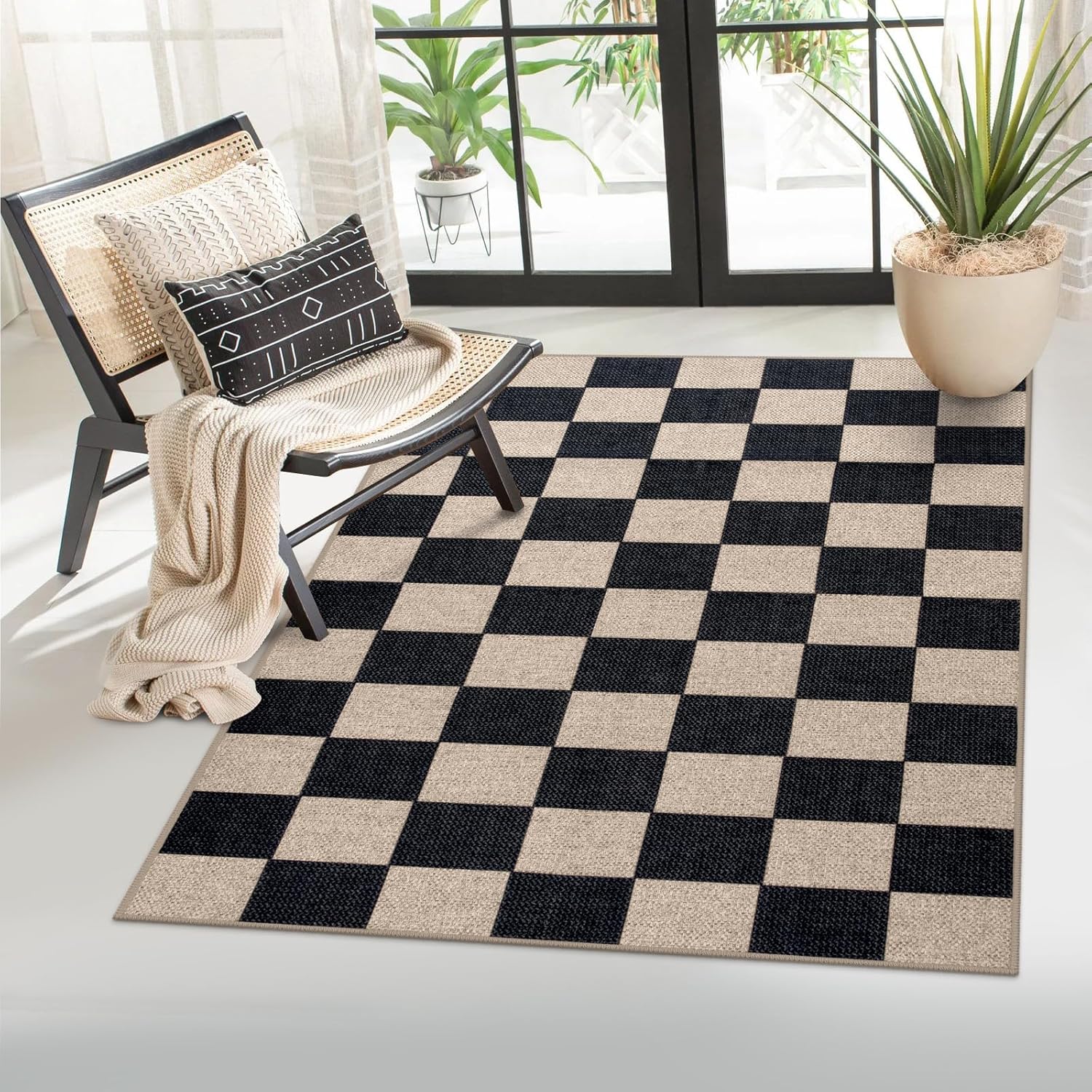 Lahome Checkered Easy Jute Carpet, 3x5 Outdoor Patio Rug Washable Rugs for Entryway Checkerboard