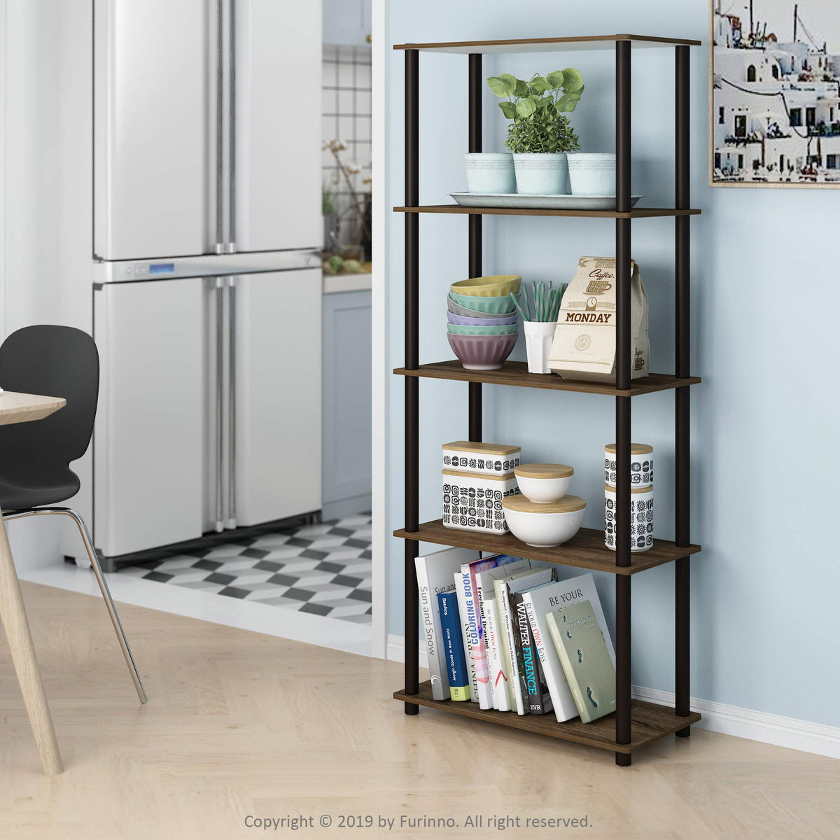 Furinno TURN-N-TUBE Storage Shelves, 5-Tier Book Shelf, Corner Shelf, Toolless Open Shelves, for