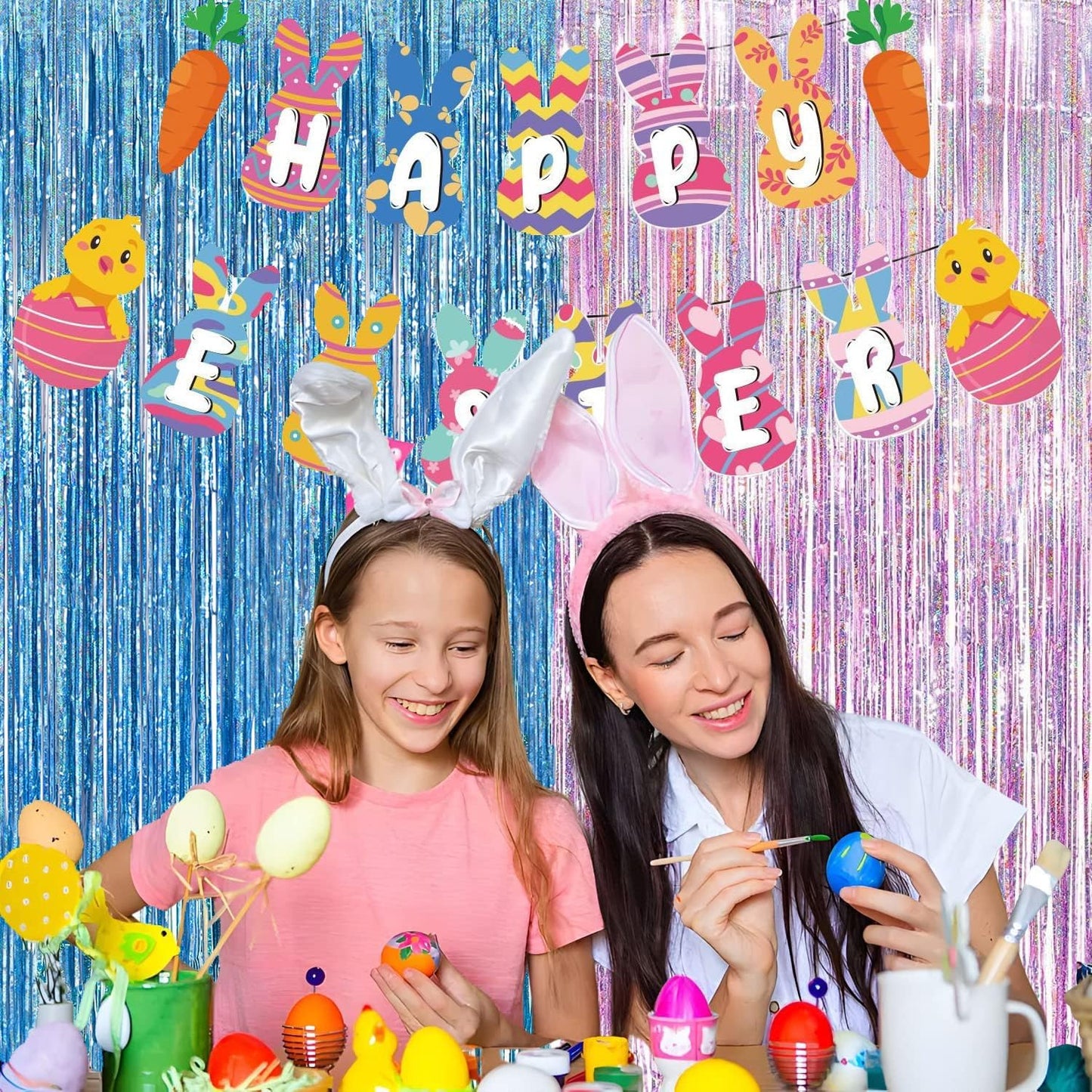 BRAVESHINE Pink Blue Tinsel Foil Fringe Curtains - 2Pcs 3.2x8.2ft Holidays Photo Streamers Backdrop