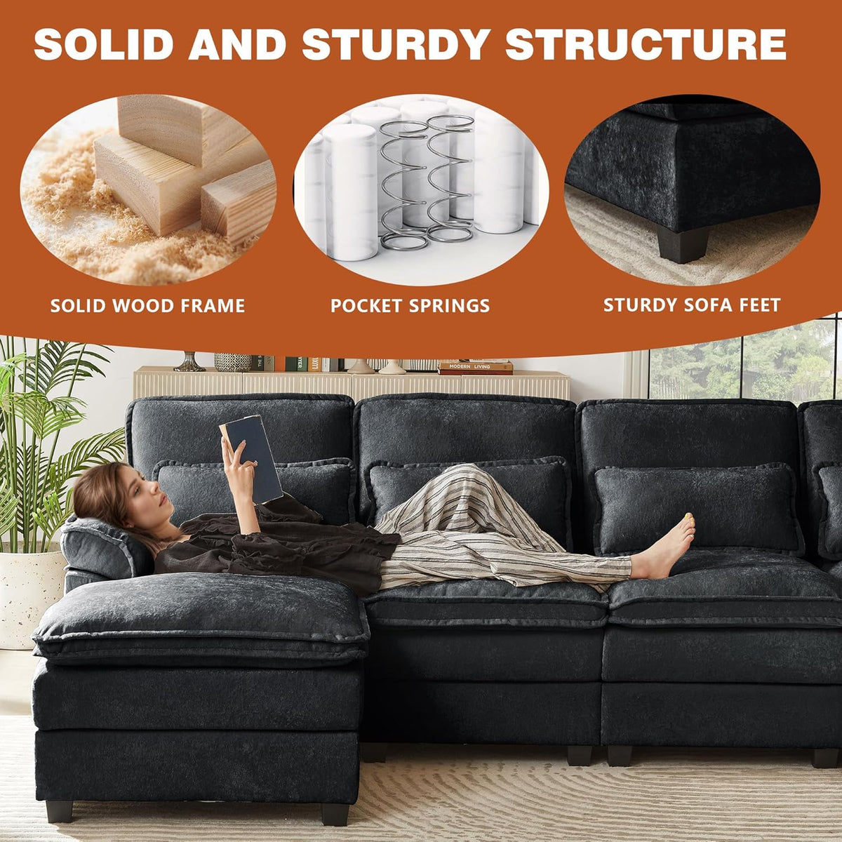 113" Oversized Cloud Couch, U Shape Sectional 4 Seat Sofa with Double Chaises, 2 Layer Cusions
