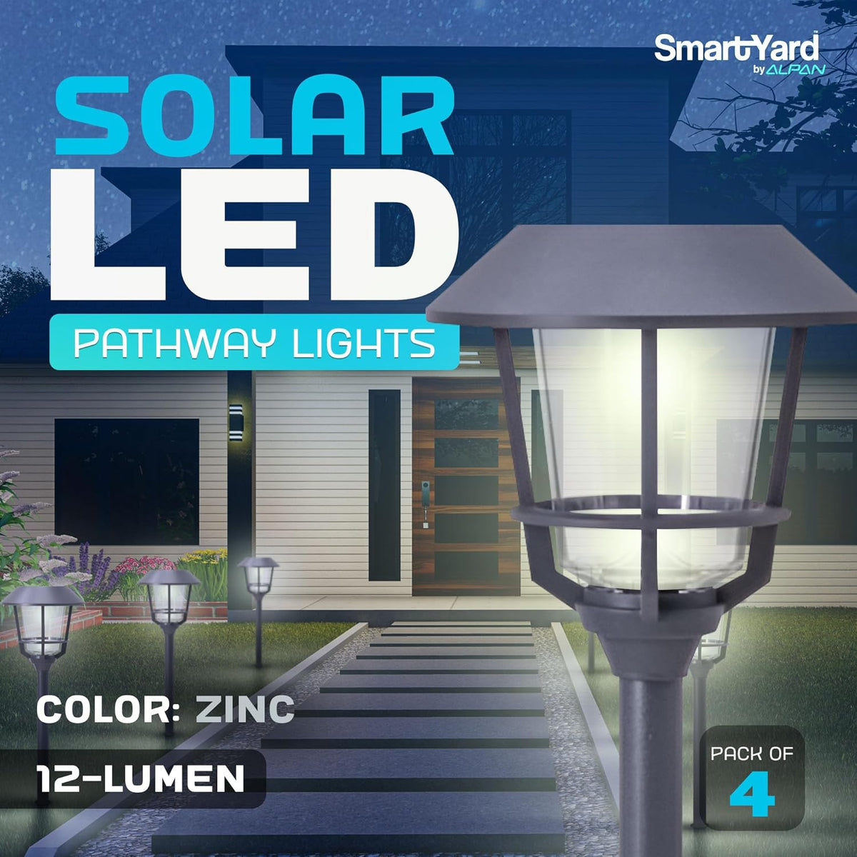Solar LED Path Lights 4 Pack – 12 Lumens, Warm White, Weathered Zinc, Stainless Steel, Solar