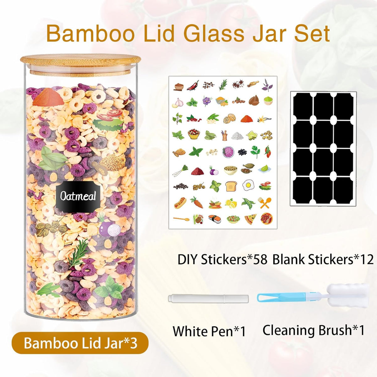 Glass Jars with Bamboo Lids, 58 oz 3 Pcs Kitchen Glass Containers with Bamboo Lids, Airtight Glass