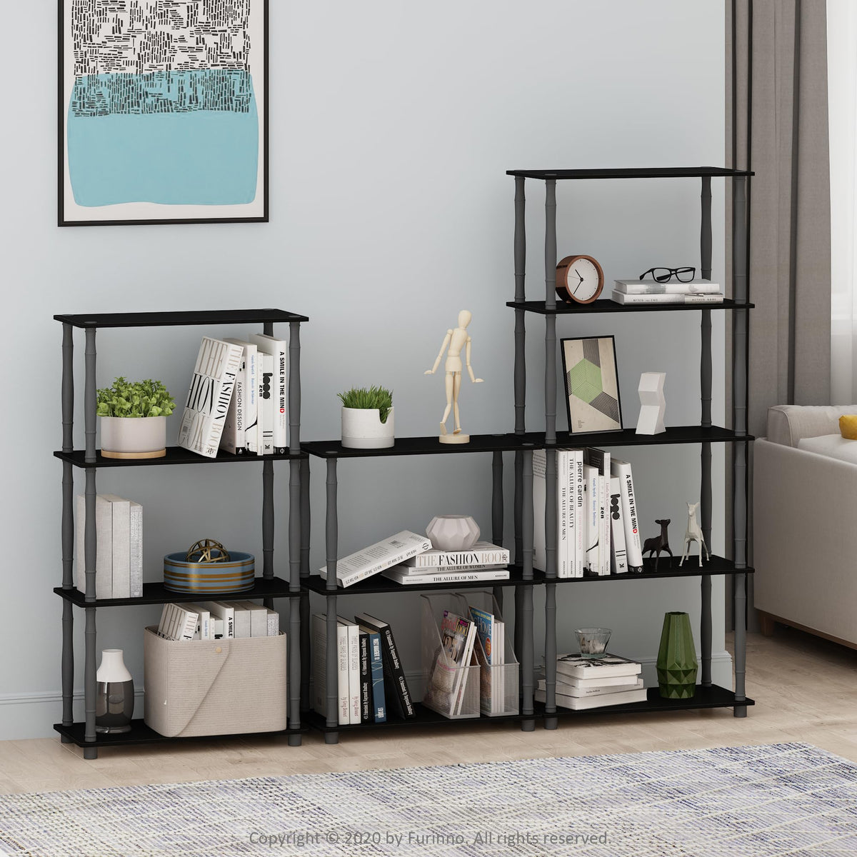 Furinno Turn-N-Tube 3-Tier Compact Multipurpose Shelf Display Rack with Classic Tube, Black/Grey