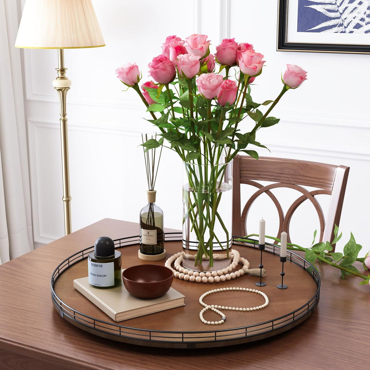 Farmhouse Oak 24" Lazy Susan Turntable Organizer for Cabinet, Round Wooden Lazy Susan Organization