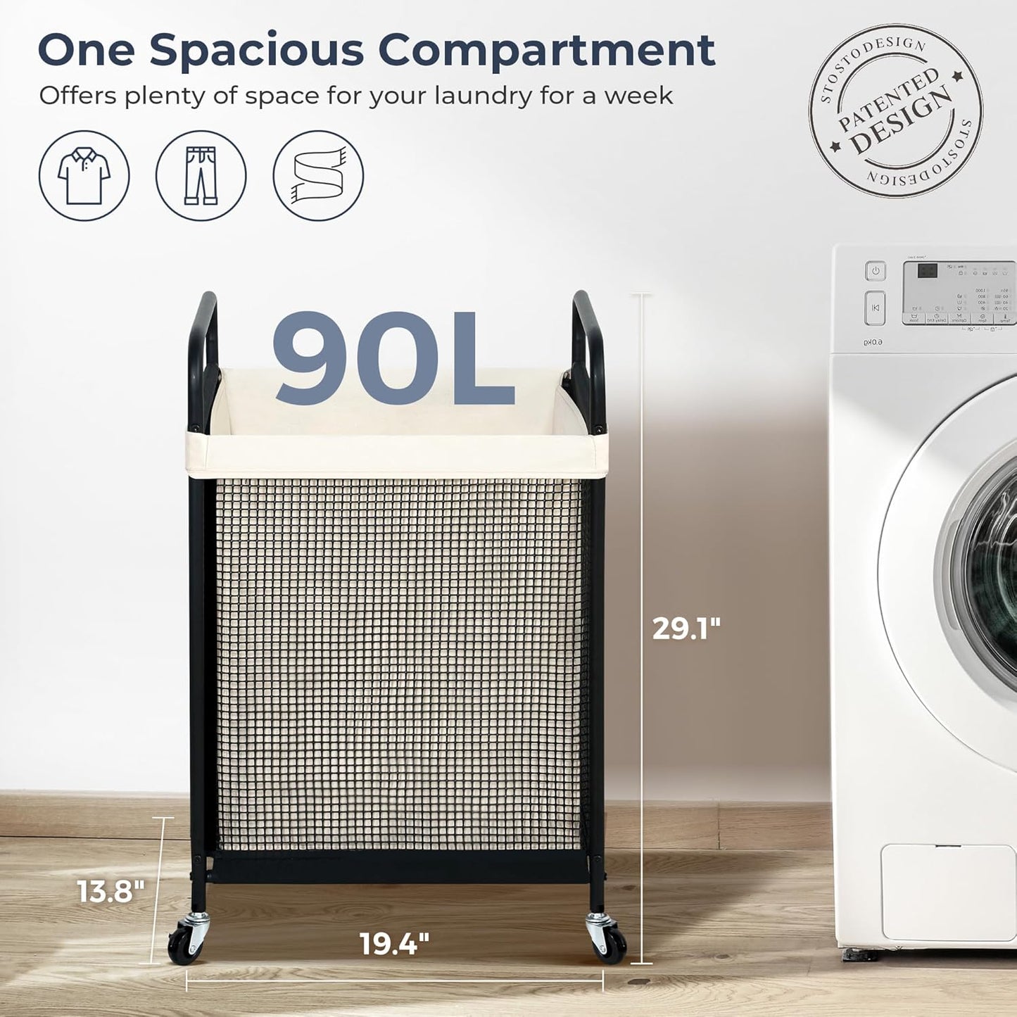 STO STO Laundry Hamper, 90L Rolling Laundry Sorter Cart with Removable and Washable Liner Bag