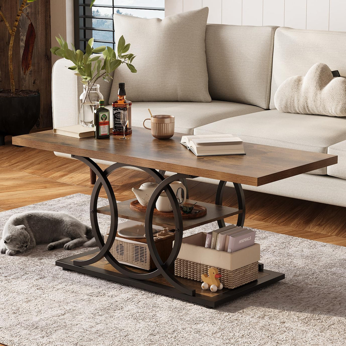 GiftGo Rustic Coffee Table with Storage Industrial 3 Tier Center Living Room Table Farmhouse Wooden